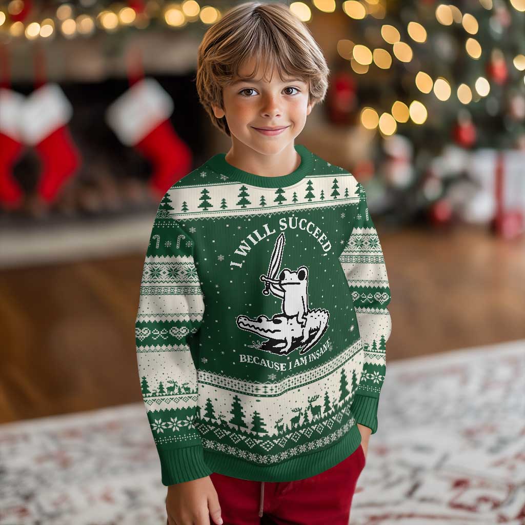 Funny Goblincore Sword Frog Riding Alligator Meme Ugly Christmas Sweater I Will Succeed Because I Am Insane Chaotic Motivation