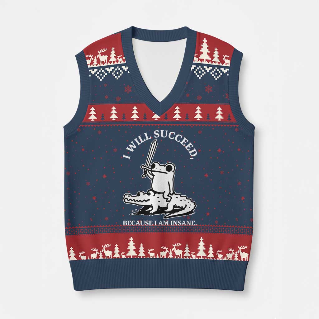 Funny Goblincore Sword Frog Riding Alligator Meme V-Neck Knit Sweater Vest I Will Succeed Because I Am Insane Chaotic Motivation
