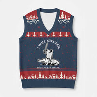 Funny Goblincore Sword Frog Riding Alligator Meme V-Neck Knit Sweater Vest I Will Succeed Because I Am Insane Chaotic Motivation