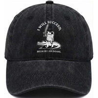 Funny Goblincore Sword Frog Riding Alligator Meme Washed Cotton Baseball Cap I Will Succeed Because I Am Insane Chaotic Motivation