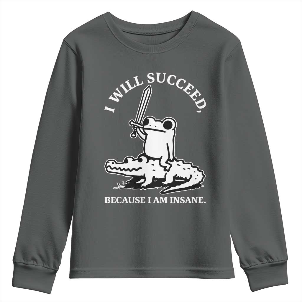 Funny Goblincore Sword Frog Riding Alligator Meme Youth Sweatshirt I Will Succeed Because I Am Insane Chaotic Motivation