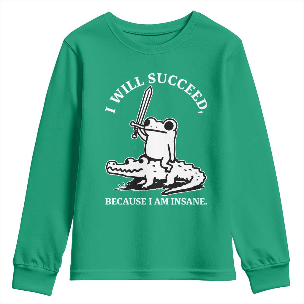 Funny Goblincore Sword Frog Riding Alligator Meme Youth Sweatshirt I Will Succeed Because I Am Insane Chaotic Motivation