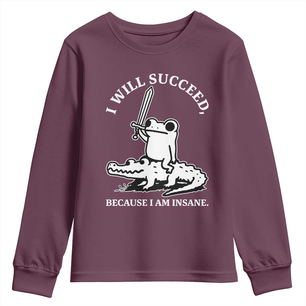 Funny Goblincore Sword Frog Riding Alligator Meme Youth Sweatshirt I Will Succeed Because I Am Insane Chaotic Motivation