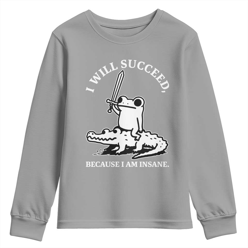 Funny Goblincore Sword Frog Riding Alligator Meme Youth Sweatshirt I Will Succeed Because I Am Insane Chaotic Motivation