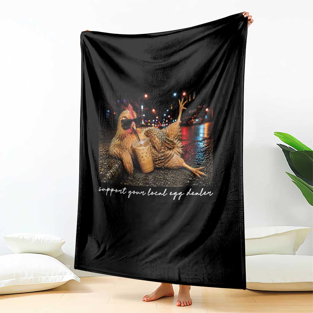Support Your Local Egg Dealer Chicken Sipping Iced Coffee Graphic Throw Blanket Funny Homesteading Farm Life