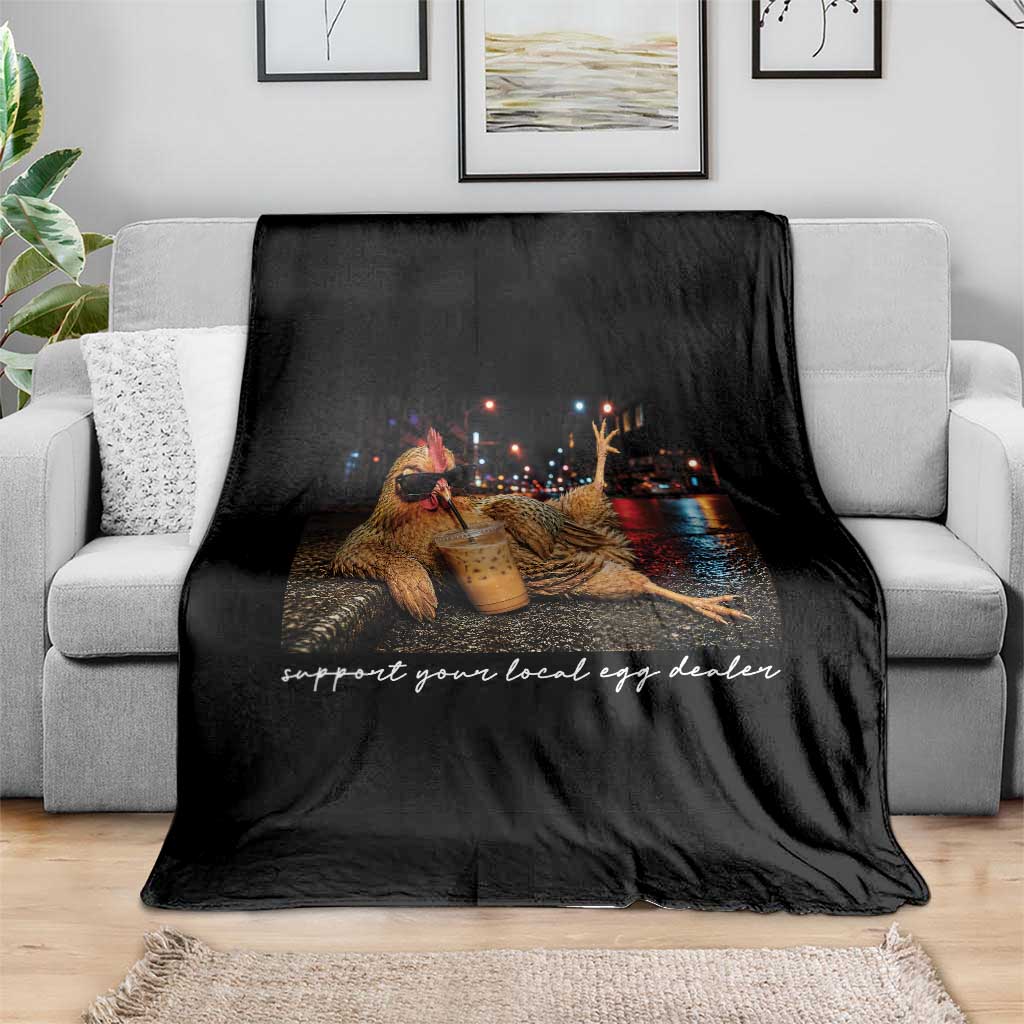 Support Your Local Egg Dealer Chicken Sipping Iced Coffee Graphic Throw Blanket Funny Homesteading Farm Life