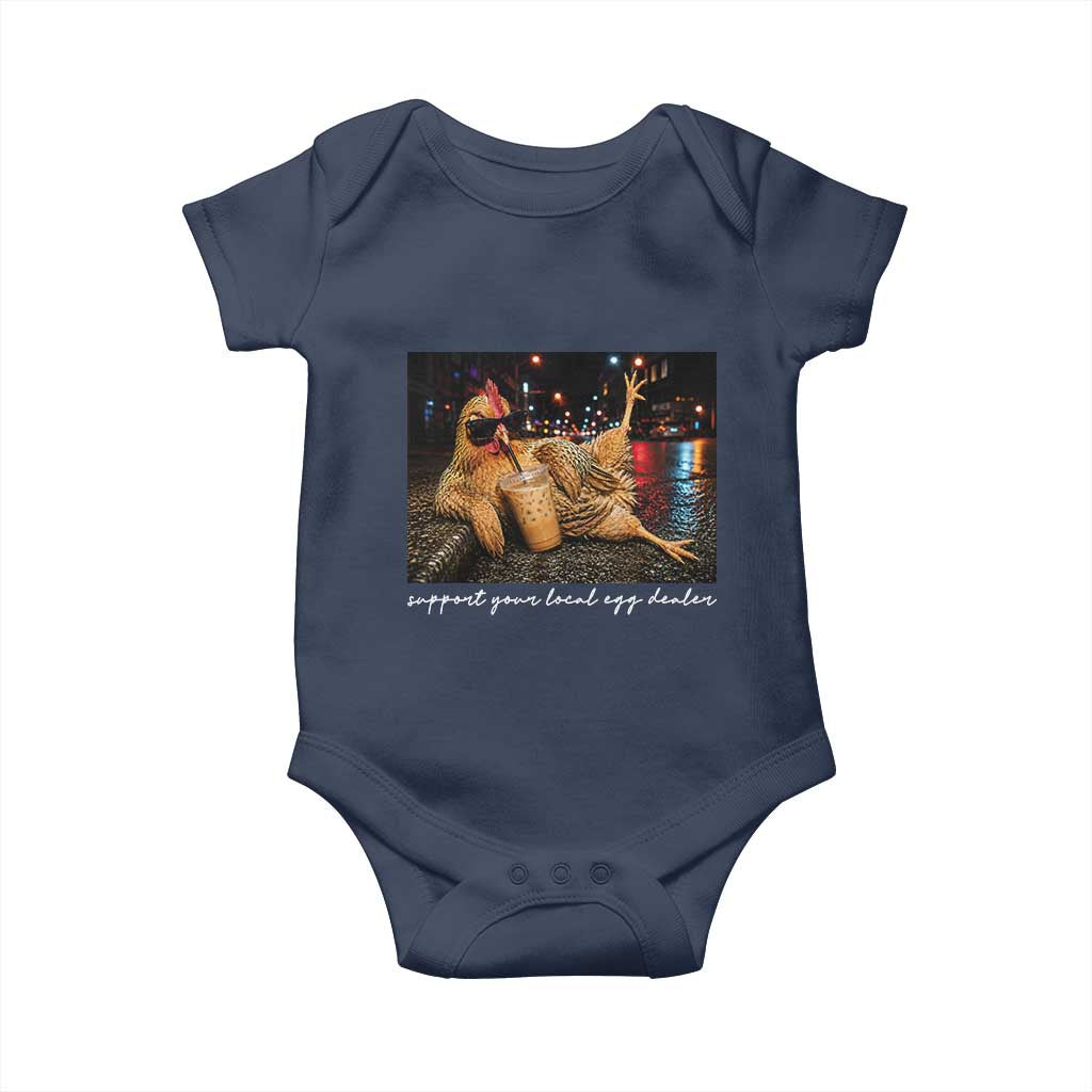 Support Your Local Egg Dealer Chicken Sipping Iced Coffee Graphic Baby Onesie Funny Homesteading Farm Life