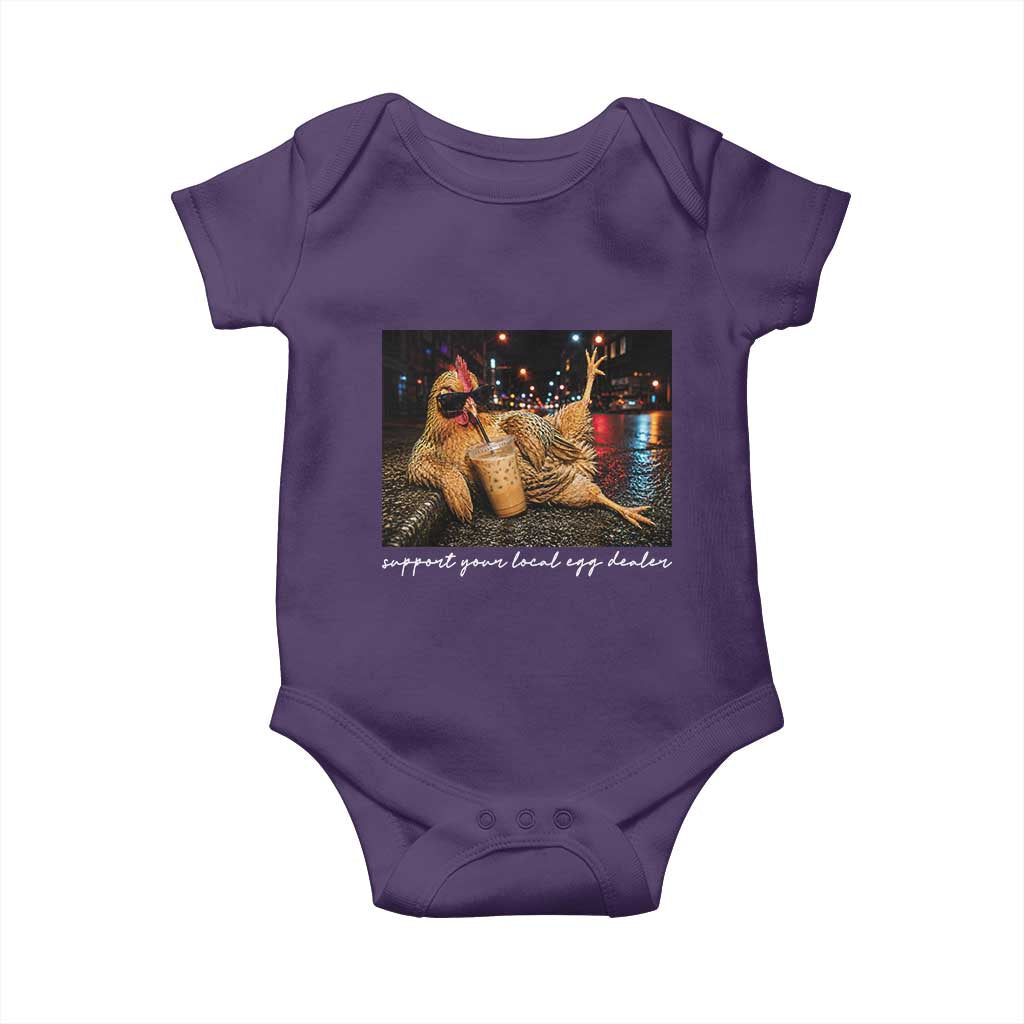 Support Your Local Egg Dealer Chicken Sipping Iced Coffee Graphic Baby Onesie Funny Homesteading Farm Life