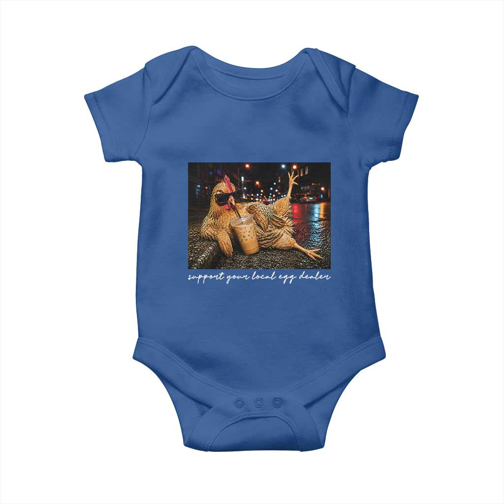 Support Your Local Egg Dealer Chicken Sipping Iced Coffee Graphic Baby Onesie Funny Homesteading Farm Life