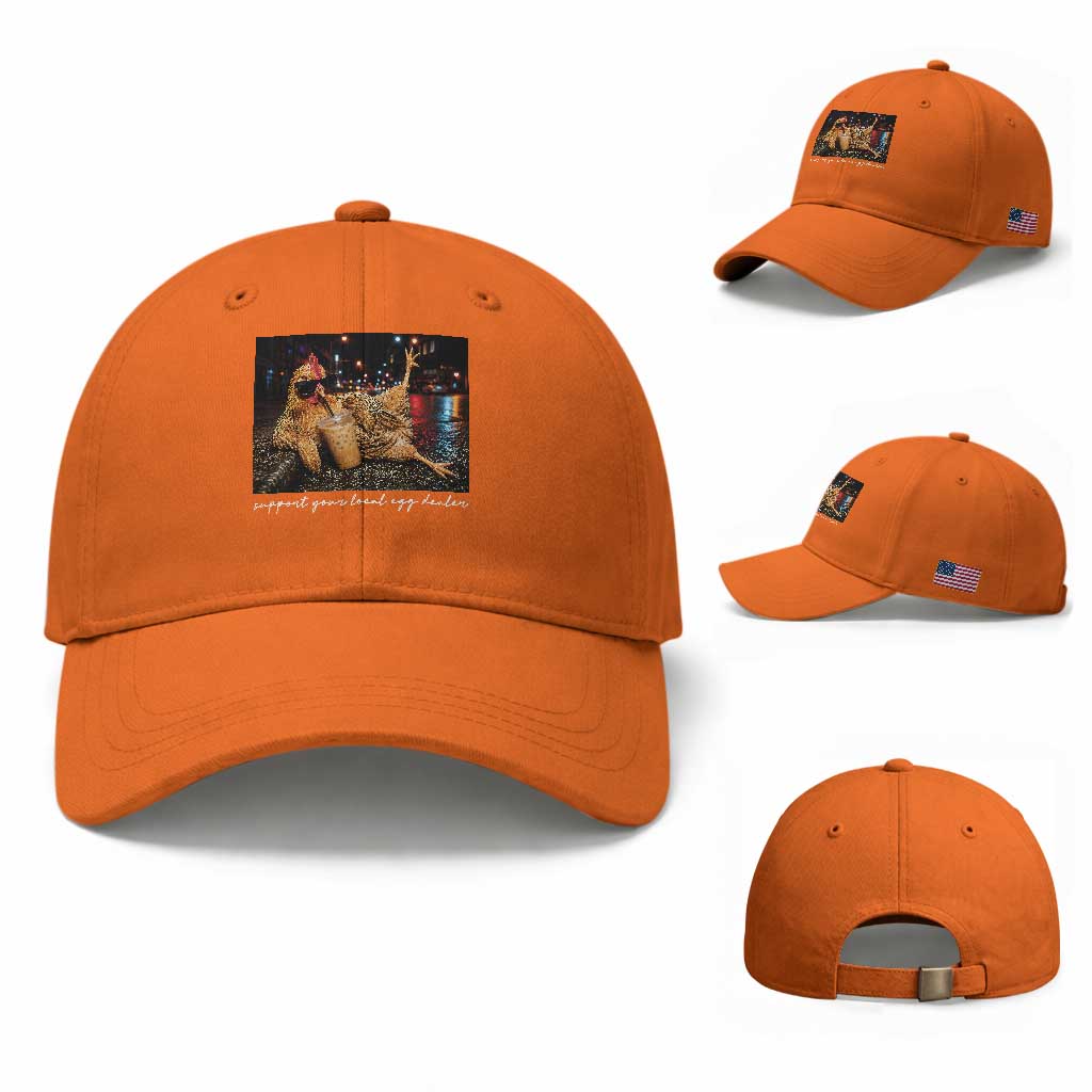 Support Your Local Egg Dealer Chicken Sipping Iced Coffee Graphic Baseball Cap Funny Homesteading Farm Life