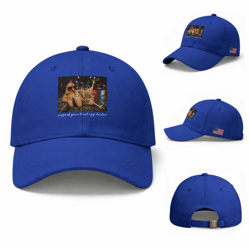 Support Your Local Egg Dealer Chicken Sipping Iced Coffee Graphic Baseball Cap Funny Homesteading Farm Life