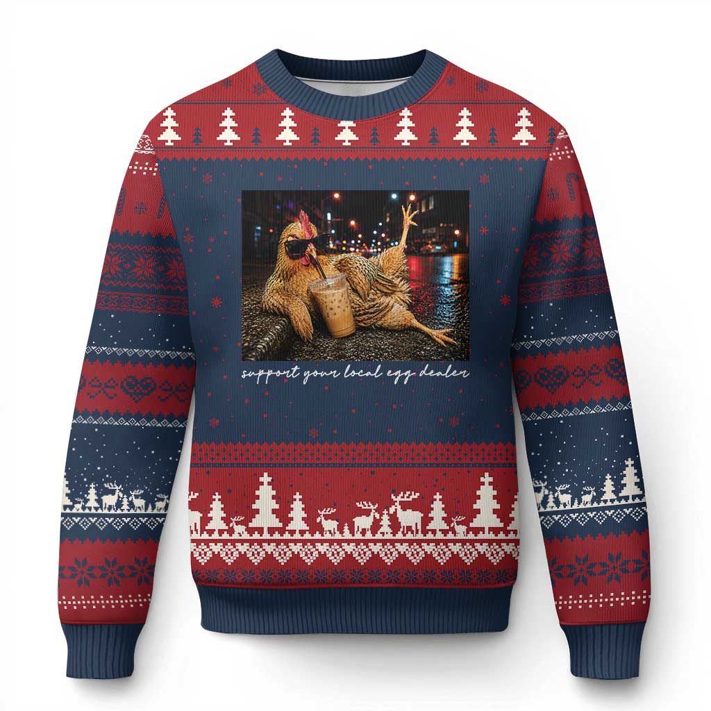 Support Your Local Egg Dealer Chicken Sipping Iced Coffee Graphic Ugly Christmas Sweater Funny Homesteading Farm Life