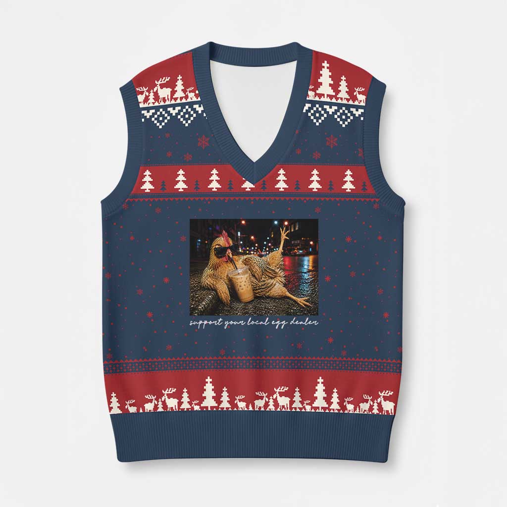 Support Your Local Egg Dealer Chicken Sipping Iced Coffee Graphic V-Neck Knit Sweater Vest Funny Homesteading Farm Life