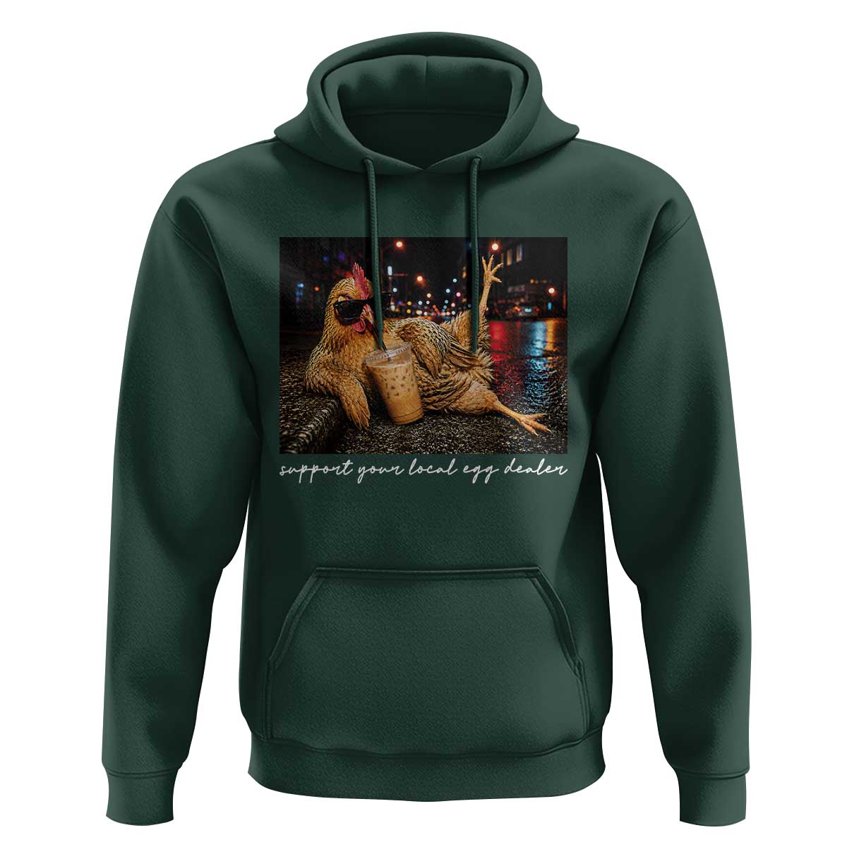 Support Your Local Egg Dealer Chicken Sipping Iced Coffee Graphic Hoodie Funny Homesteading Farm Life