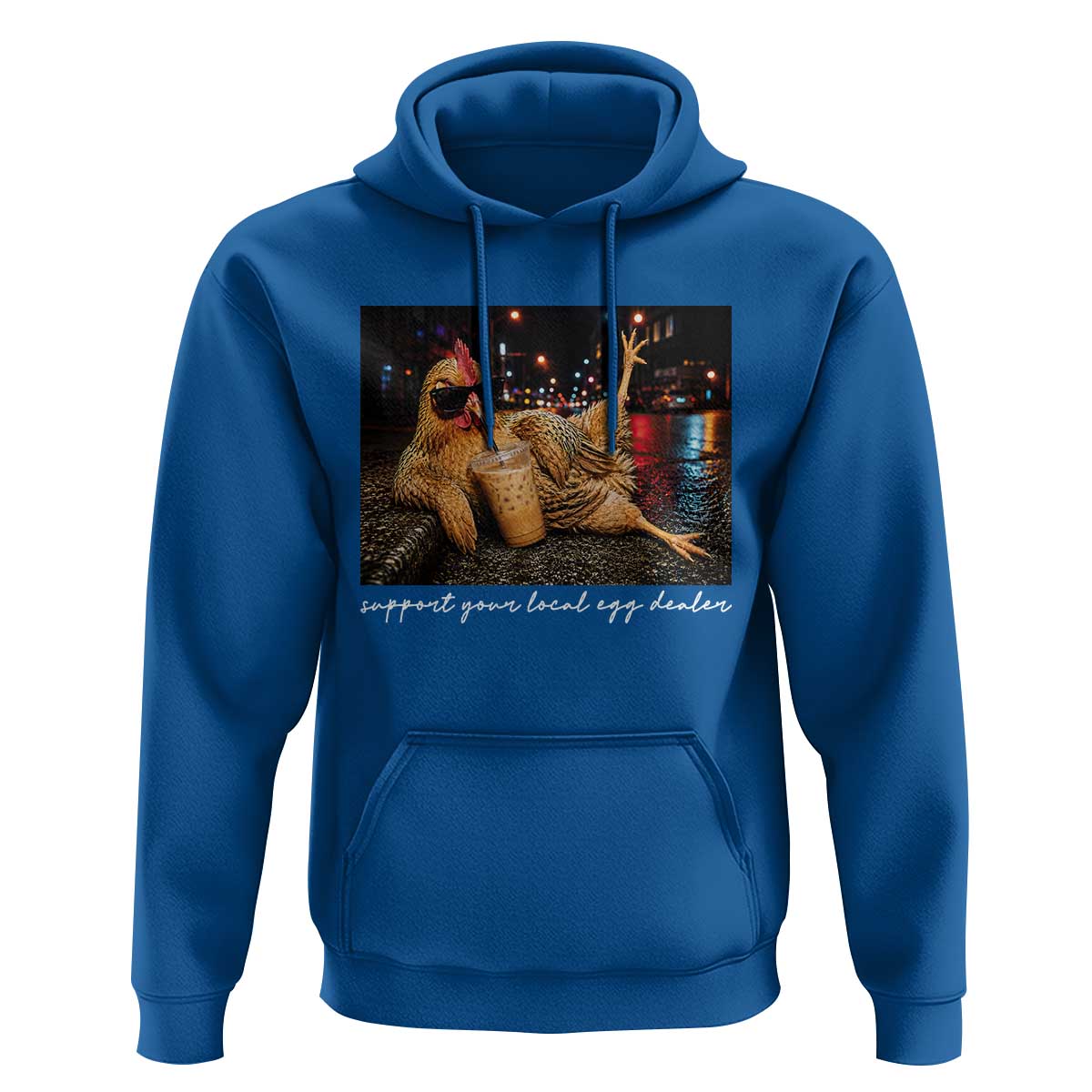 Support Your Local Egg Dealer Chicken Sipping Iced Coffee Graphic Hoodie Funny Homesteading Farm Life