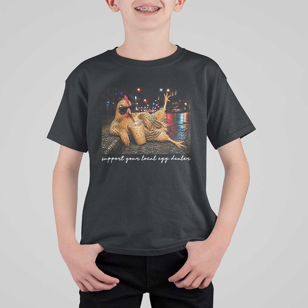 Support Your Local Egg Dealer Chicken Sipping Iced Coffee Graphic T Shirt For Kid Funny Homesteading Farm Life