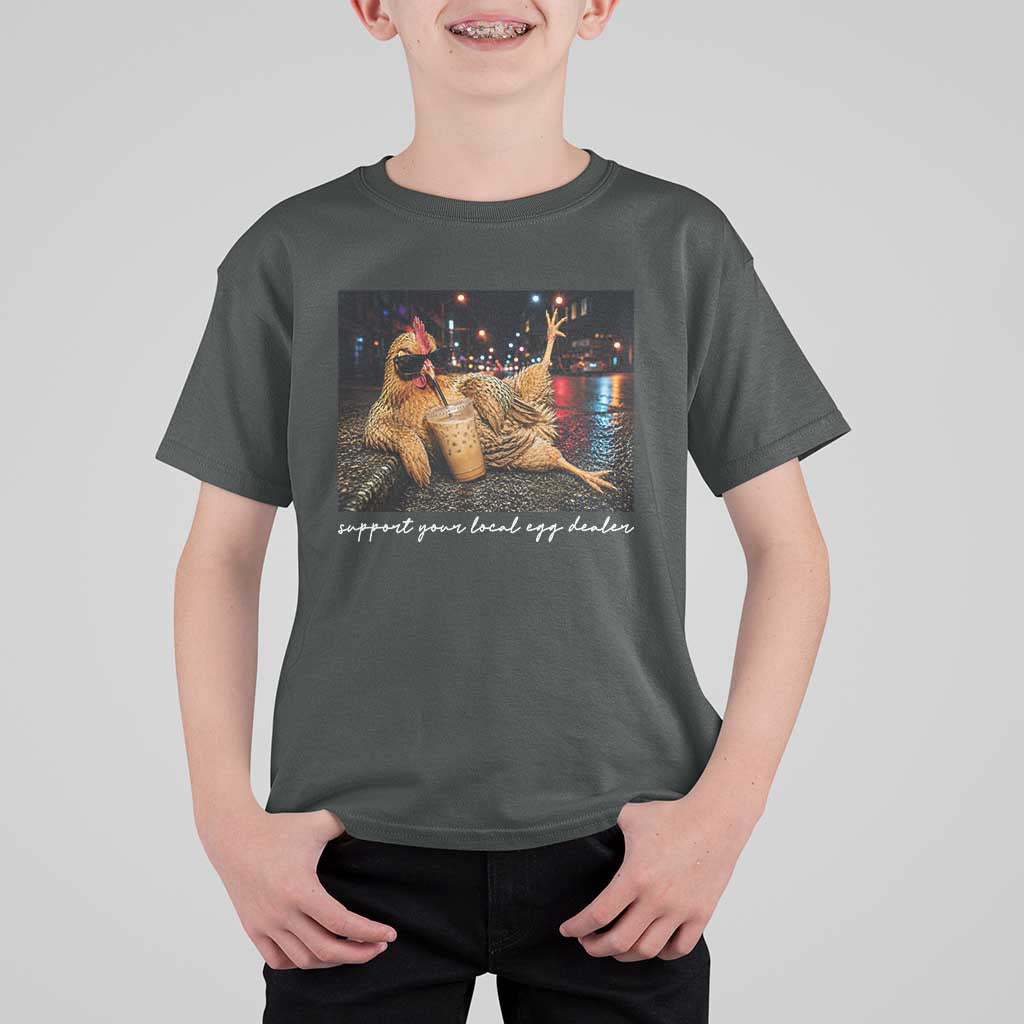 Support Your Local Egg Dealer Chicken Sipping Iced Coffee Graphic T Shirt For Kid Funny Homesteading Farm Life