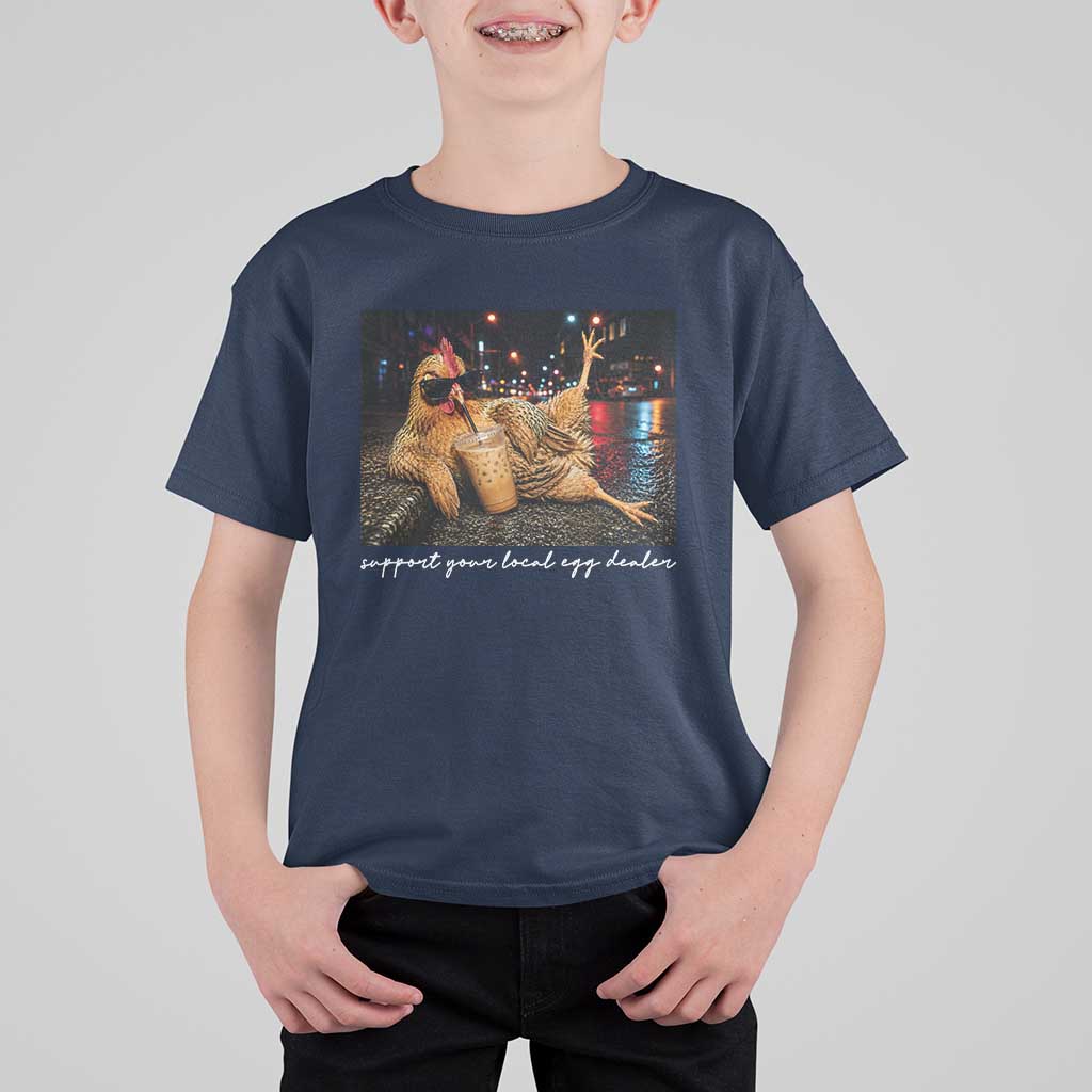 Support Your Local Egg Dealer Chicken Sipping Iced Coffee Graphic T Shirt For Kid Funny Homesteading Farm Life