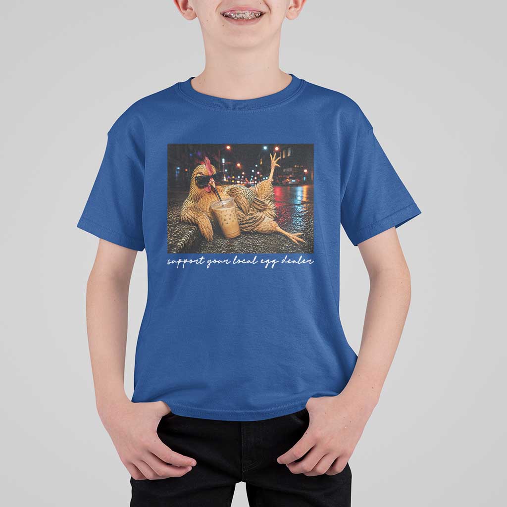 Support Your Local Egg Dealer Chicken Sipping Iced Coffee Graphic T Shirt For Kid Funny Homesteading Farm Life