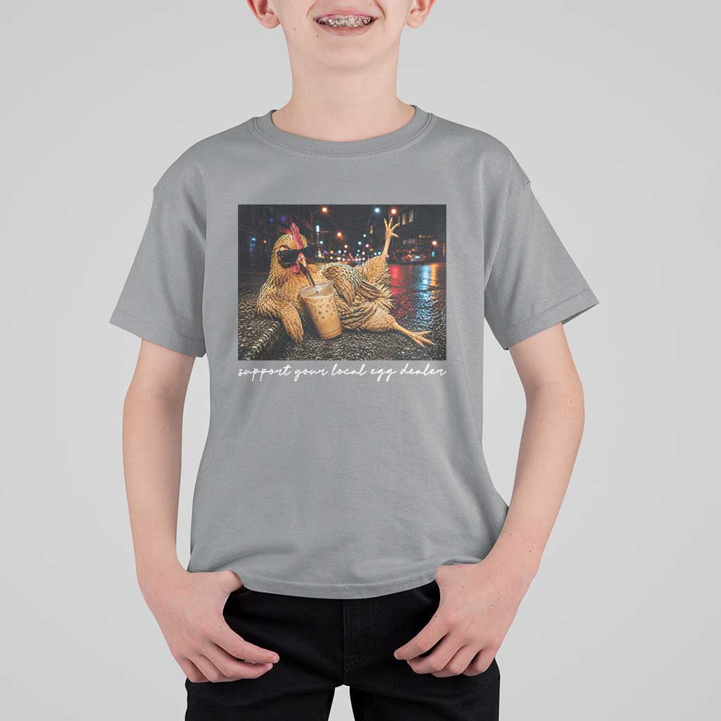 Support Your Local Egg Dealer Chicken Sipping Iced Coffee Graphic T Shirt For Kid Funny Homesteading Farm Life