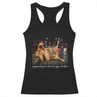 Support Your Local Egg Dealer Chicken Sipping Iced Coffee Graphic Racerback Tank Top Funny Homesteading Farm Life