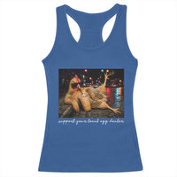 Support Your Local Egg Dealer Chicken Sipping Iced Coffee Graphic Racerback Tank Top Funny Homesteading Farm Life