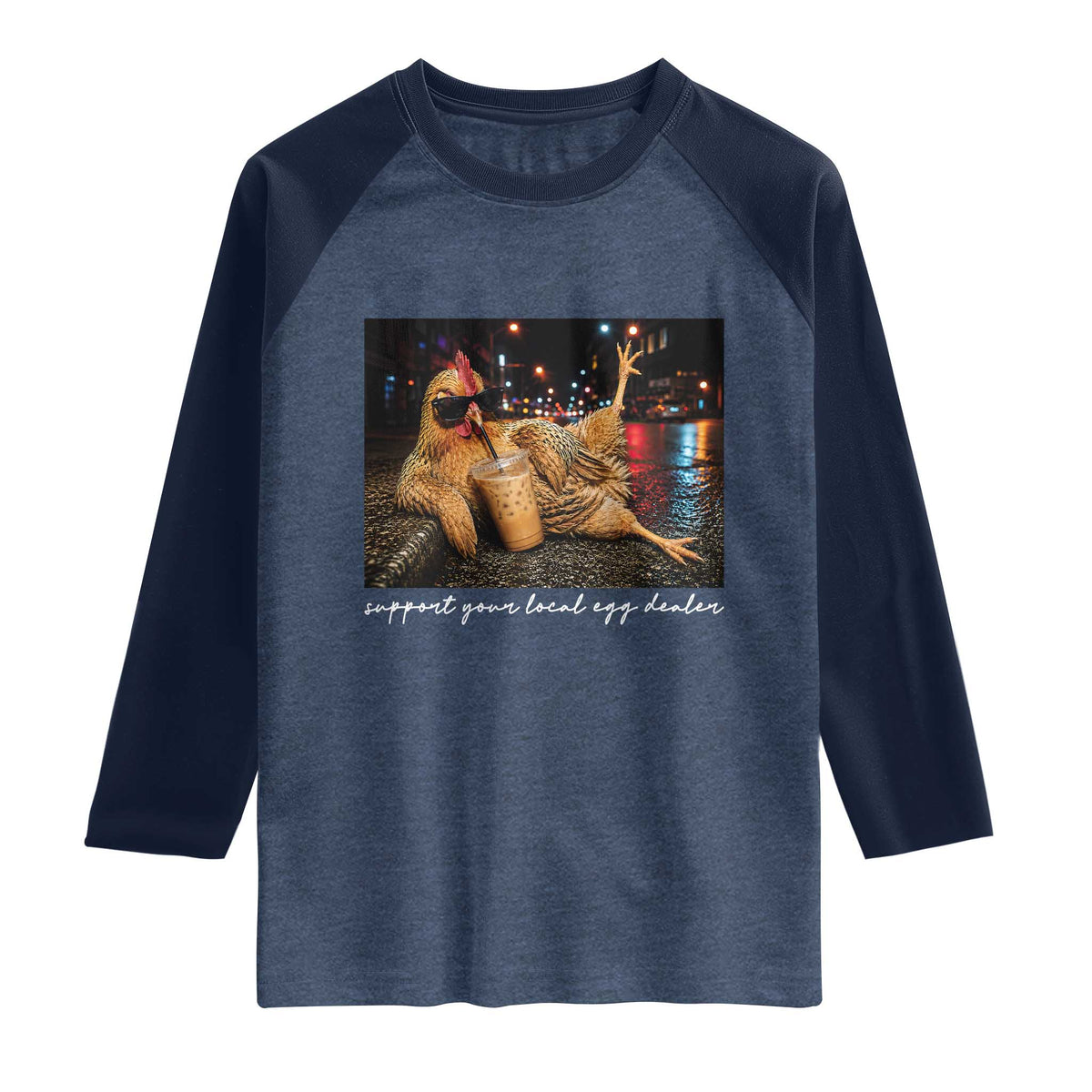 Support Your Local Egg Dealer Chicken Sipping Iced Coffee Graphic Raglan Shirt Funny Homesteading Farm Life