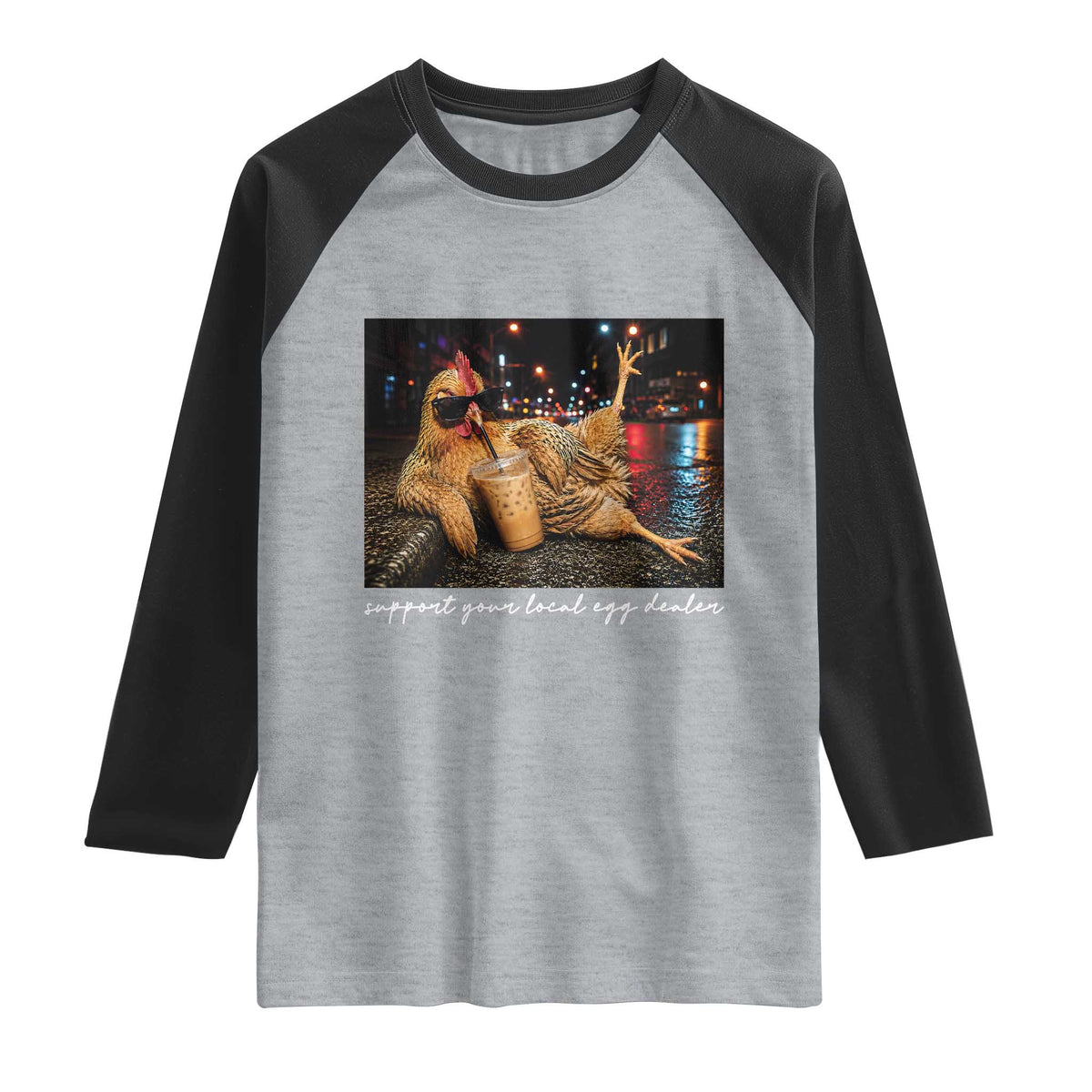 Support Your Local Egg Dealer Chicken Sipping Iced Coffee Graphic Raglan Shirt Funny Homesteading Farm Life
