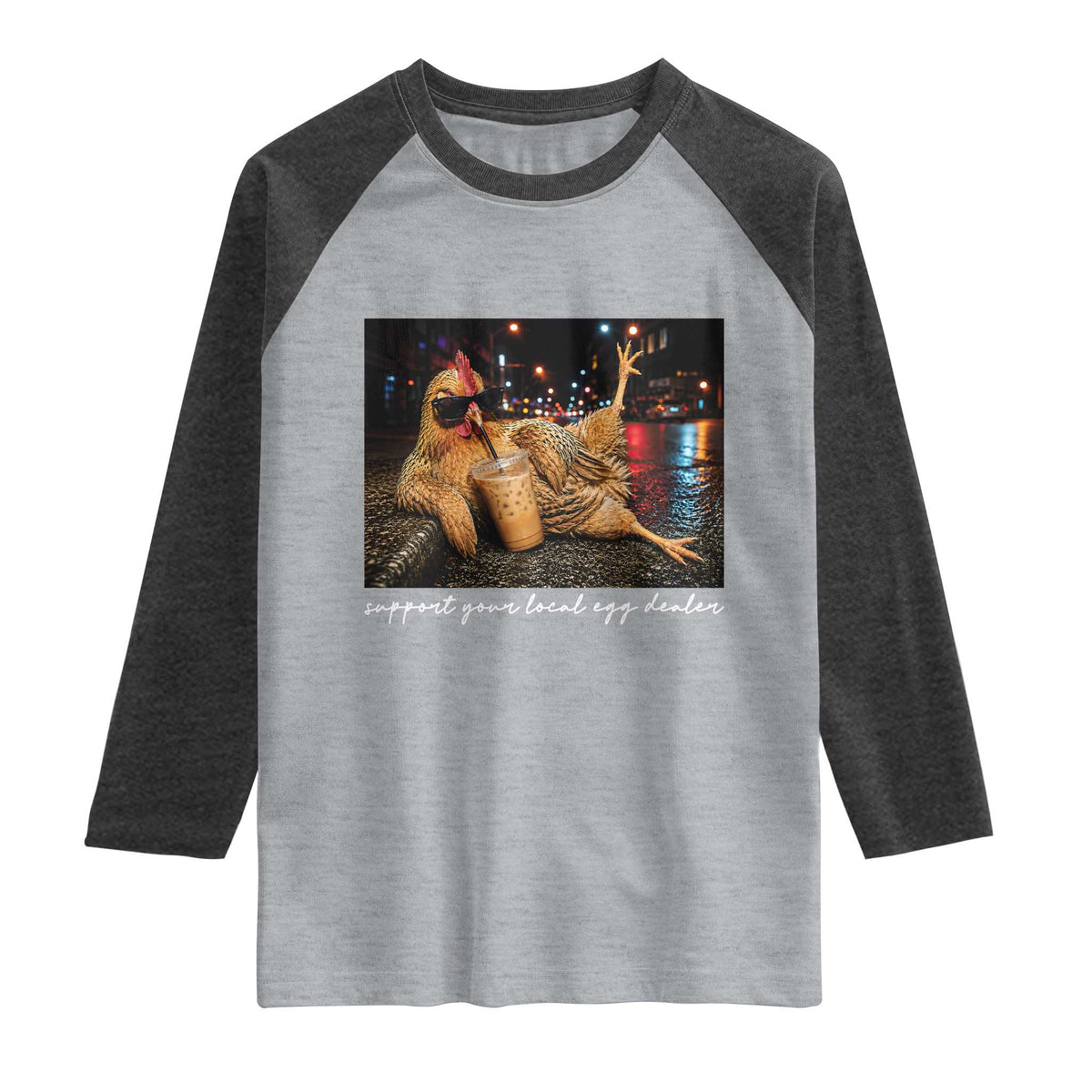 Support Your Local Egg Dealer Chicken Sipping Iced Coffee Graphic Raglan Shirt Funny Homesteading Farm Life