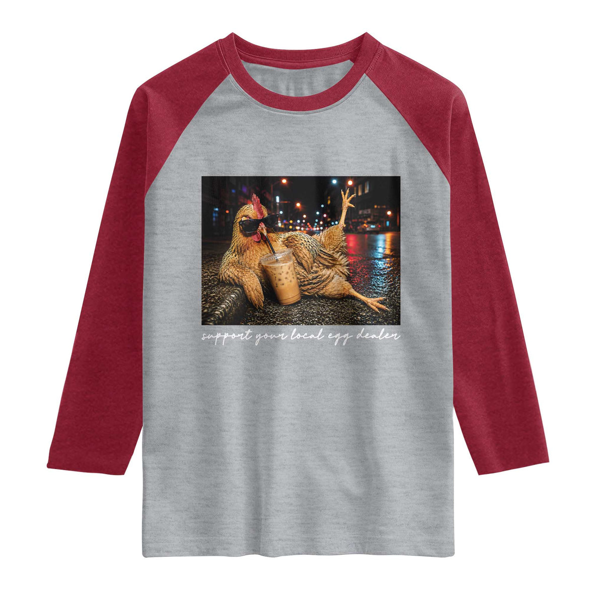Support Your Local Egg Dealer Chicken Sipping Iced Coffee Graphic Raglan Shirt Funny Homesteading Farm Life