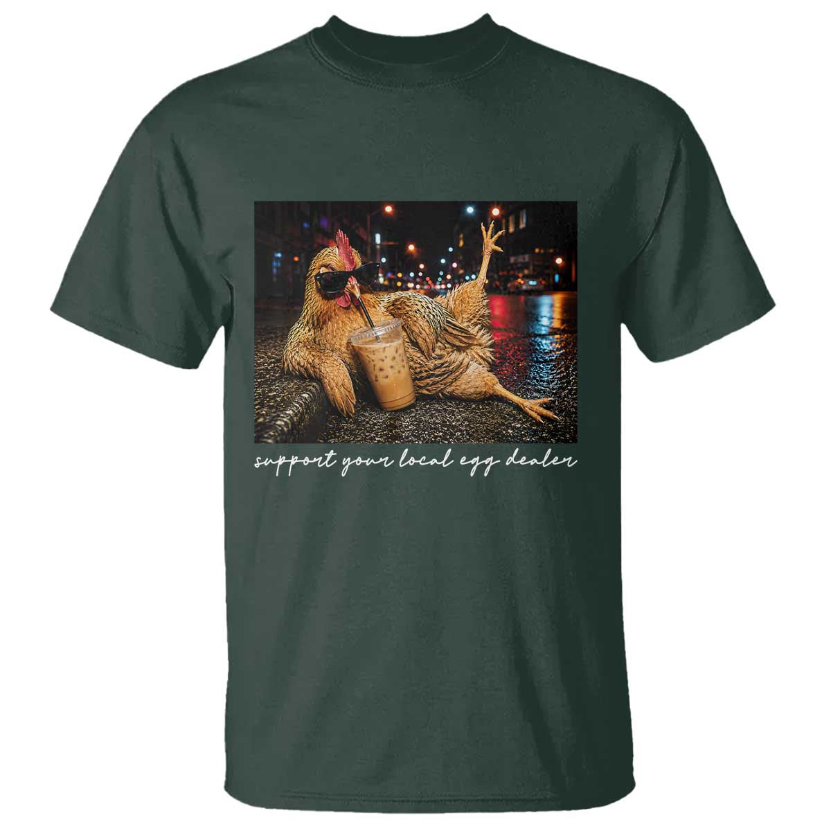 Support Your Local Egg Dealer Chicken Sipping Iced Coffee Graphic T Shirt Funny Homesteading Farm Life