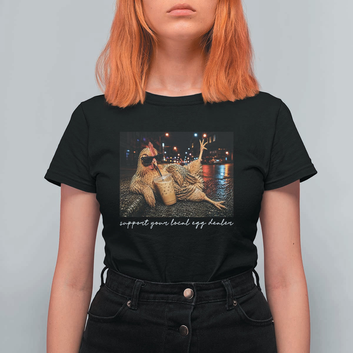 Support Your Local Egg Dealer Chicken Sipping Iced Coffee Graphic T Shirt For Women Funny Homesteading Farm Life