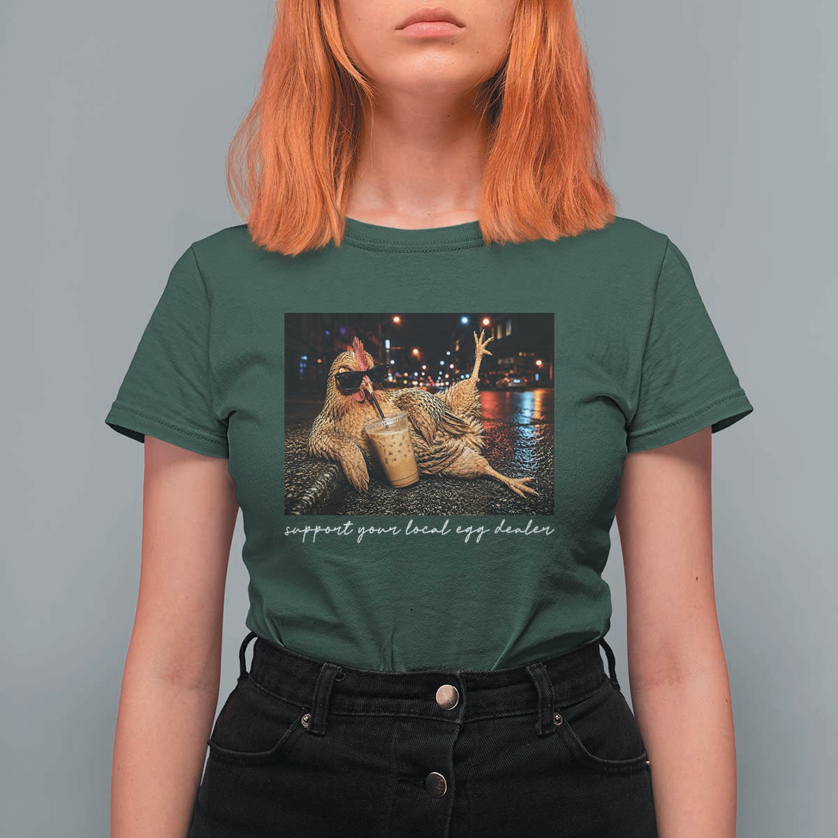 Support Your Local Egg Dealer Chicken Sipping Iced Coffee Graphic T Shirt For Women Funny Homesteading Farm Life