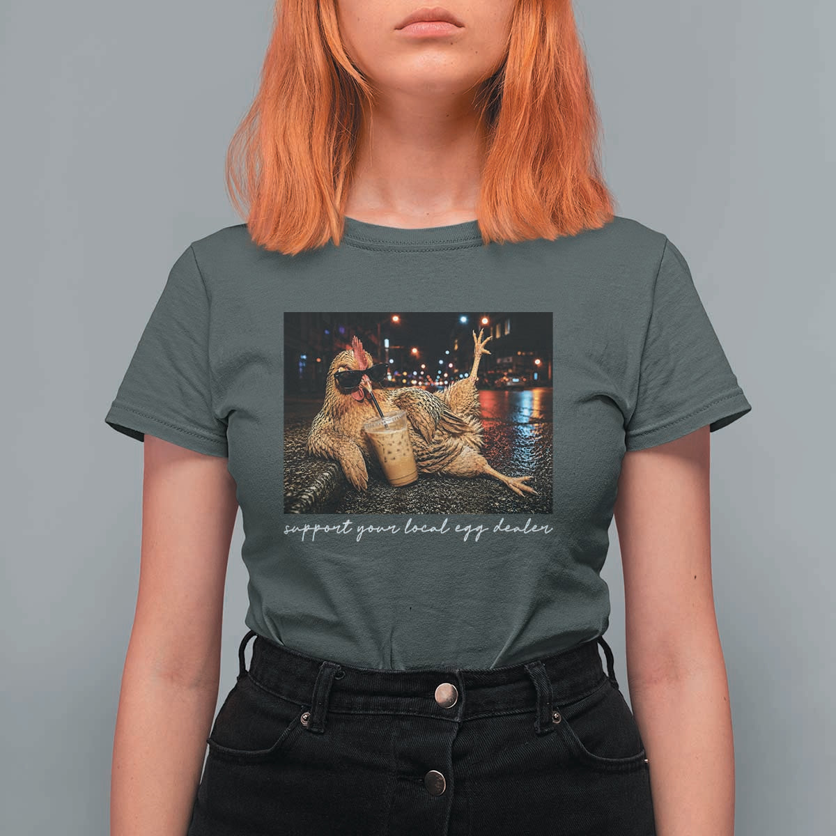 Support Your Local Egg Dealer Chicken Sipping Iced Coffee Graphic T Shirt For Women Funny Homesteading Farm Life