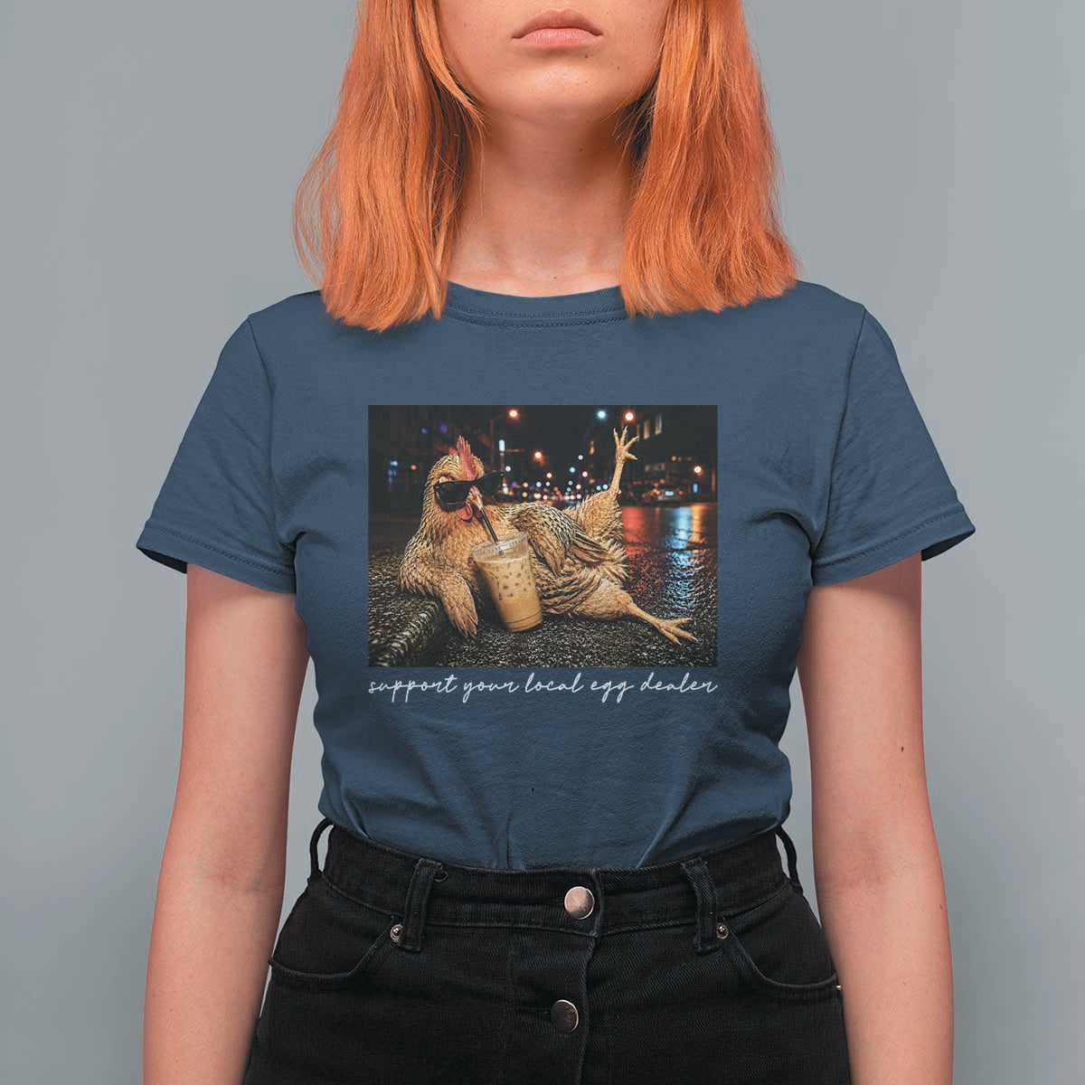 Support Your Local Egg Dealer Chicken Sipping Iced Coffee Graphic T Shirt For Women Funny Homesteading Farm Life