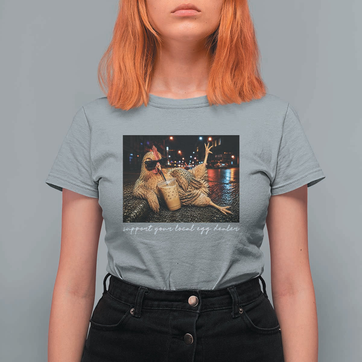 Support Your Local Egg Dealer Chicken Sipping Iced Coffee Graphic T Shirt For Women Funny Homesteading Farm Life