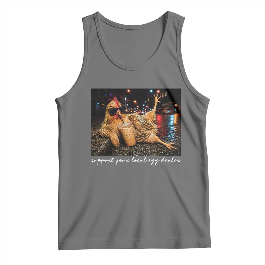 Support Your Local Egg Dealer Chicken Sipping Iced Coffee Graphic Tank Top Funny Homesteading Farm Life