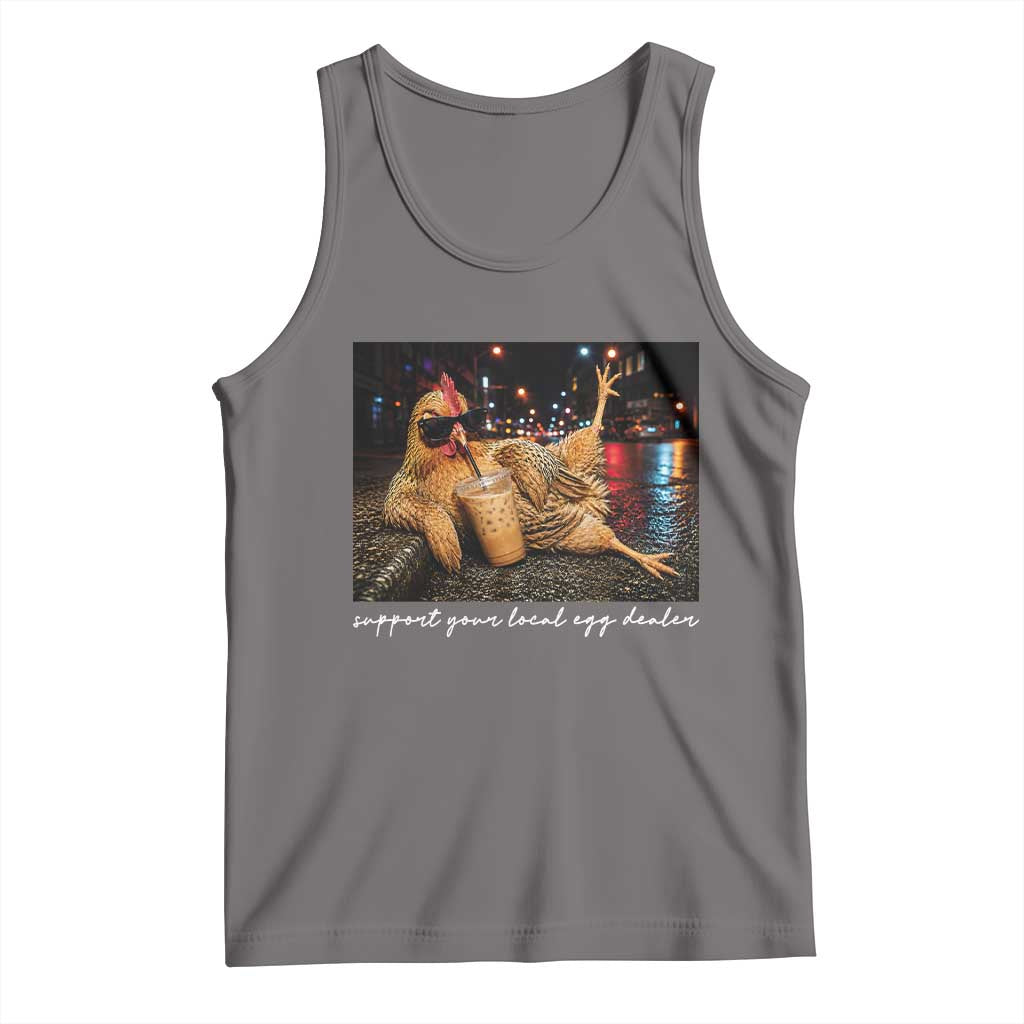 Support Your Local Egg Dealer Chicken Sipping Iced Coffee Graphic Tank Top Funny Homesteading Farm Life