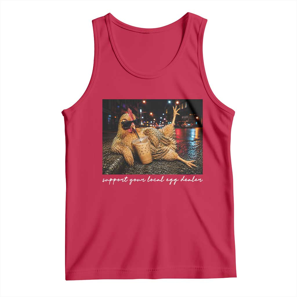 Support Your Local Egg Dealer Chicken Sipping Iced Coffee Graphic Tank Top Funny Homesteading Farm Life