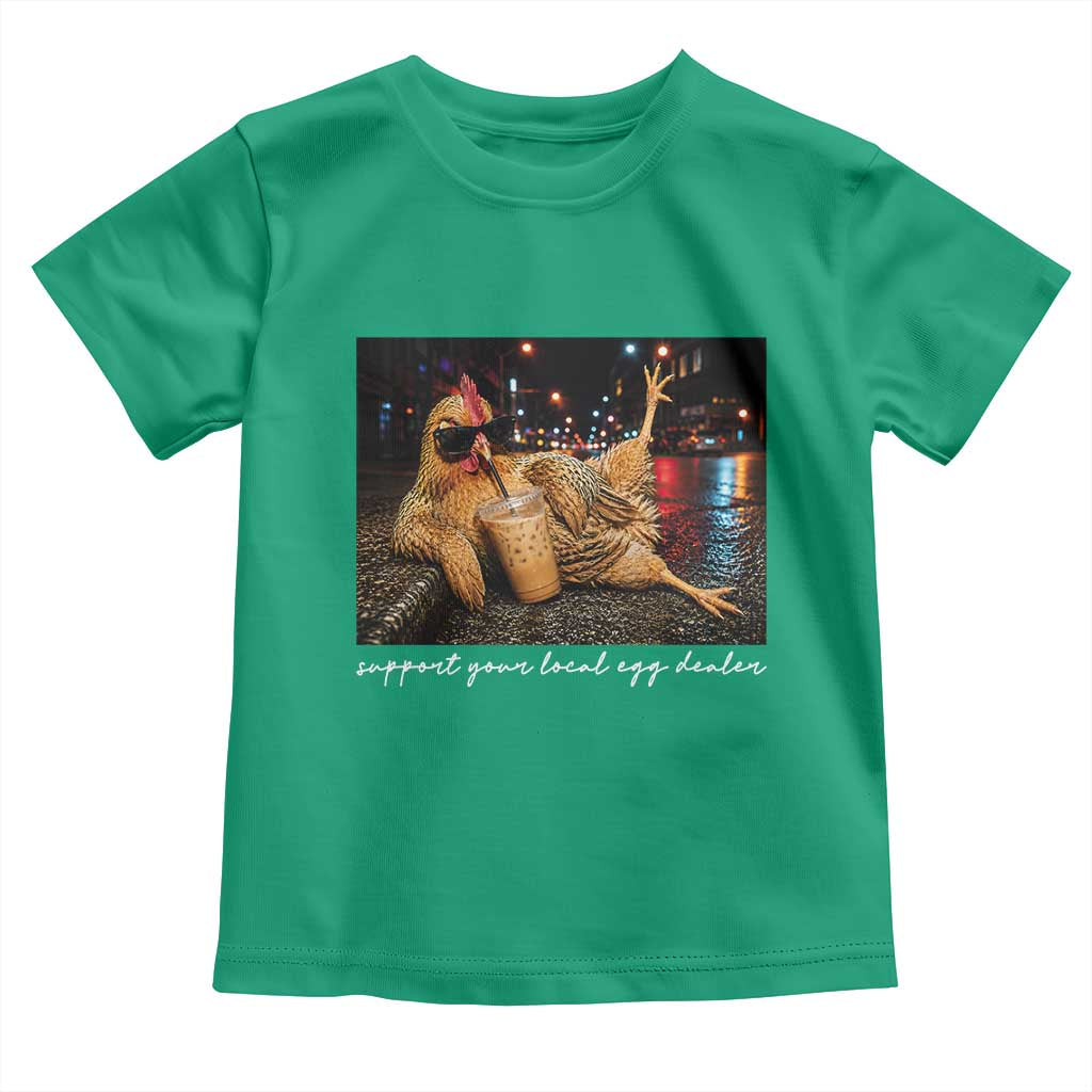 Support Your Local Egg Dealer Chicken Sipping Iced Coffee Graphic Toddler T Shirt Funny Homesteading Farm Life