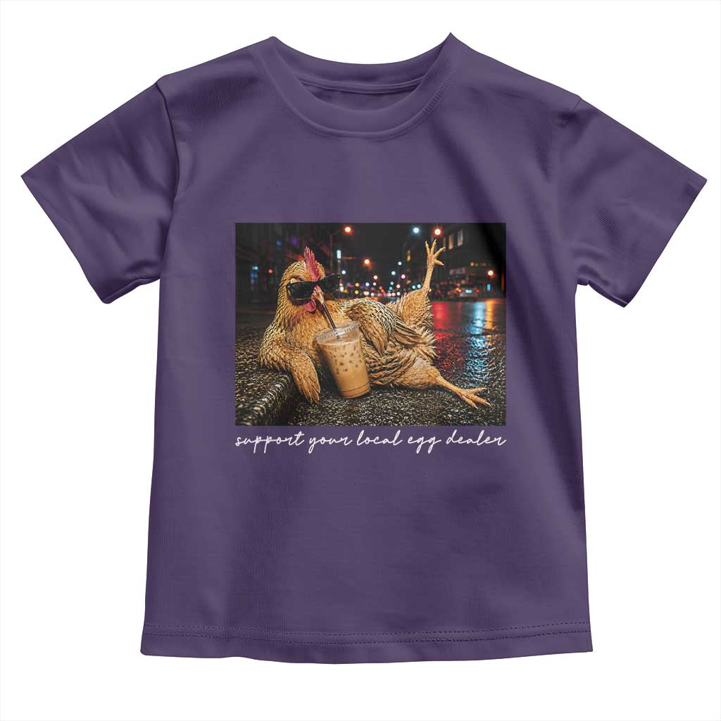 Support Your Local Egg Dealer Chicken Sipping Iced Coffee Graphic Toddler T Shirt Funny Homesteading Farm Life