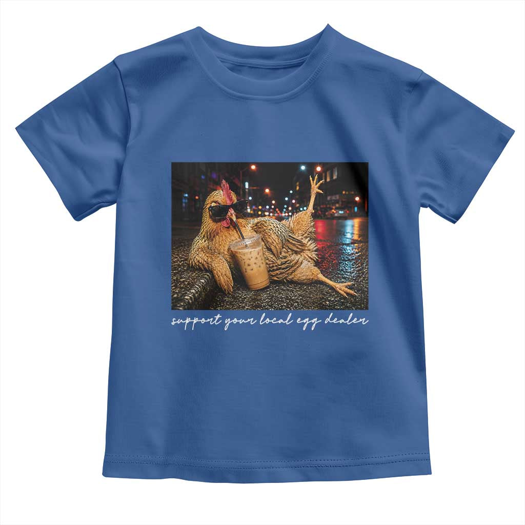 Support Your Local Egg Dealer Chicken Sipping Iced Coffee Graphic Toddler T Shirt Funny Homesteading Farm Life