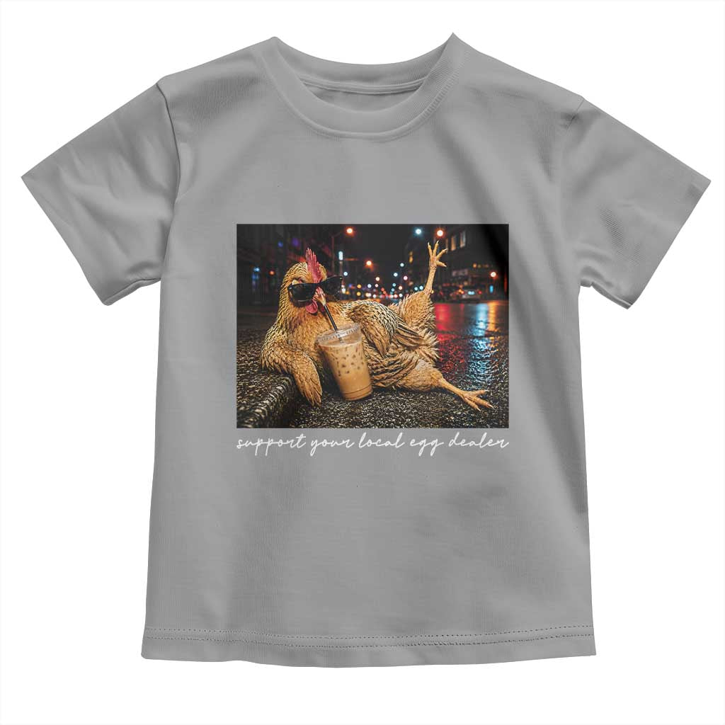Support Your Local Egg Dealer Chicken Sipping Iced Coffee Graphic Toddler T Shirt Funny Homesteading Farm Life