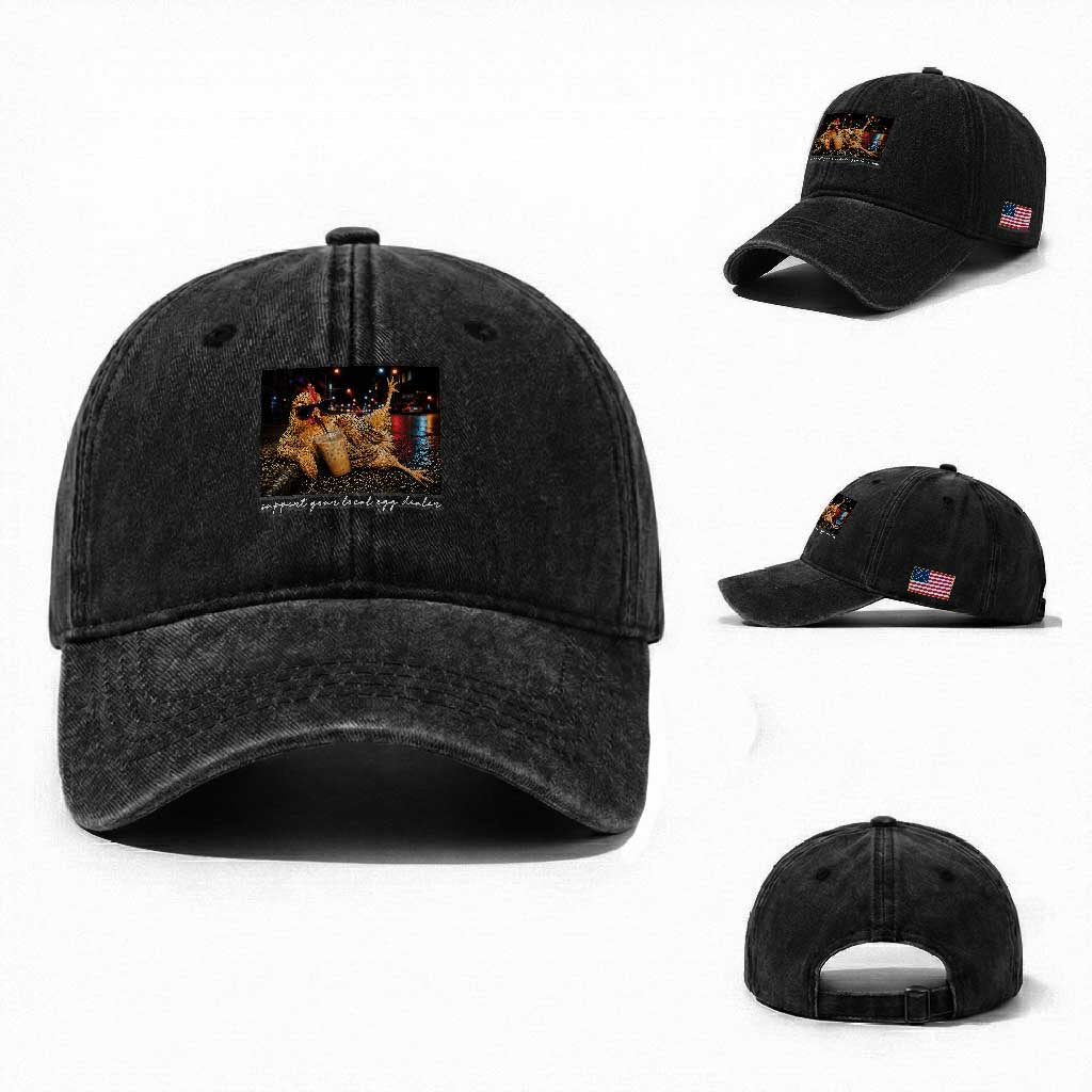 Support Your Local Egg Dealer Chicken Sipping Iced Coffee Graphic Washed Cotton Baseball Cap Funny Homesteading Farm Life