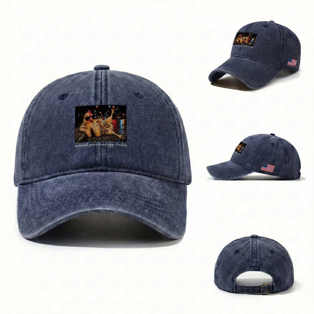 Support Your Local Egg Dealer Chicken Sipping Iced Coffee Graphic Washed Cotton Baseball Cap Funny Homesteading Farm Life