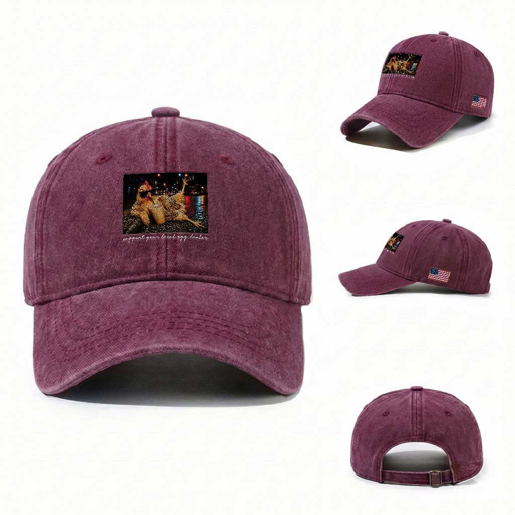 Support Your Local Egg Dealer Chicken Sipping Iced Coffee Graphic Washed Cotton Baseball Cap Funny Homesteading Farm Life