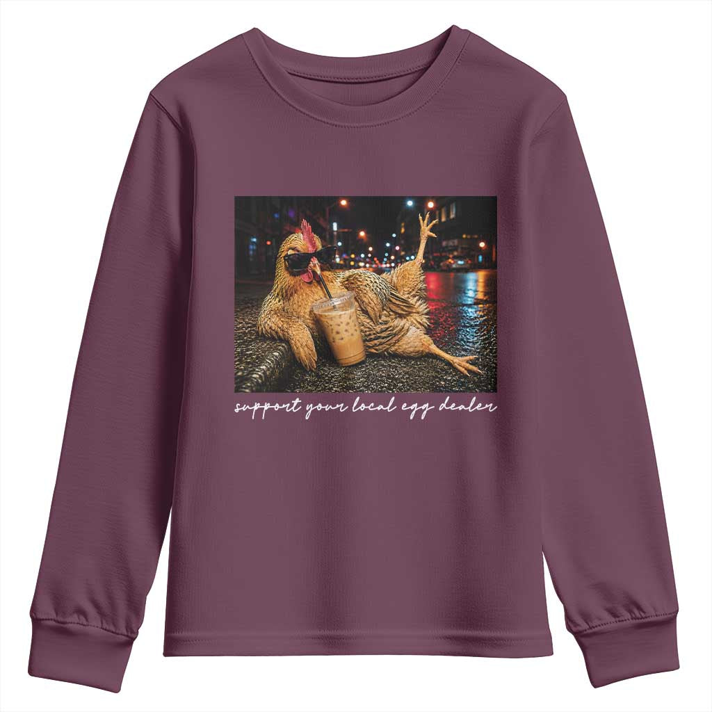 Support Your Local Egg Dealer Chicken Sipping Iced Coffee Graphic Youth Sweatshirt Funny Homesteading Farm Life