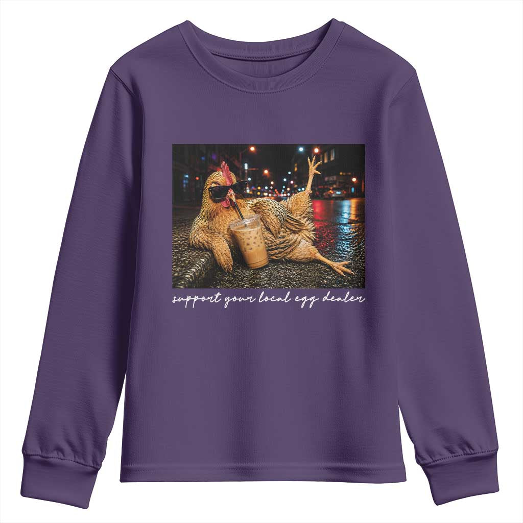 Support Your Local Egg Dealer Chicken Sipping Iced Coffee Graphic Youth Sweatshirt Funny Homesteading Farm Life