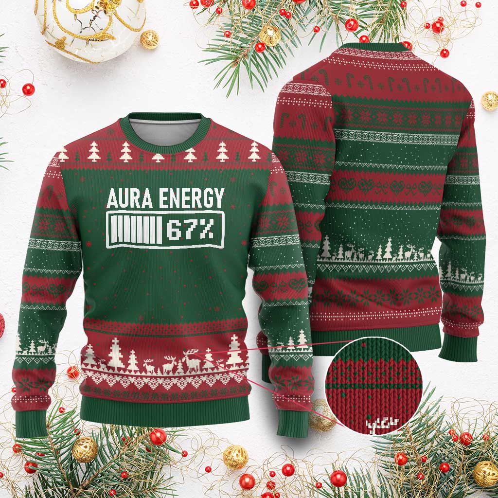 Funny Aura Energy at 67 Ugly Christmas Sweater Six Seven Viral Meme 6 7 Gen Alpha Slang - Wonder Print Shop