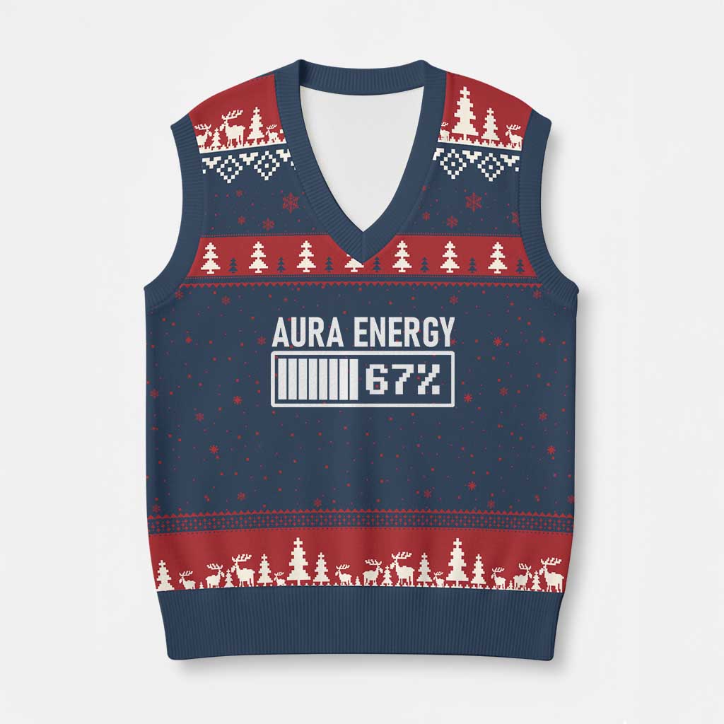 Funny Aura Energy at 67 V-Neck Knit Sweater Vest Six Seven Viral Meme 6 7 Gen Alpha Slang - Wonder Print Shop